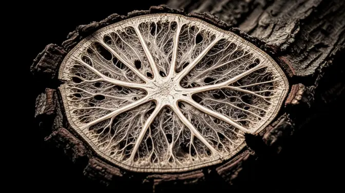 Detailed bark cross-section reveals complex, dramatically lit inner plant structure
