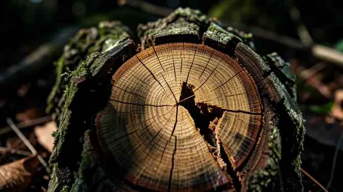 Detailed exposed wood fragment on the dark forest floor