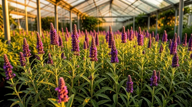 Vibrant sage plants bloom beautifully in a golden-lit greenhouse