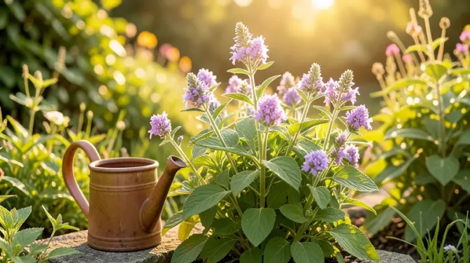Detailed sage blooms and ceramic can in warm golden sunlight
