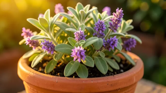 Vibrant sage in terracotta pot bathed in warm golden hour light