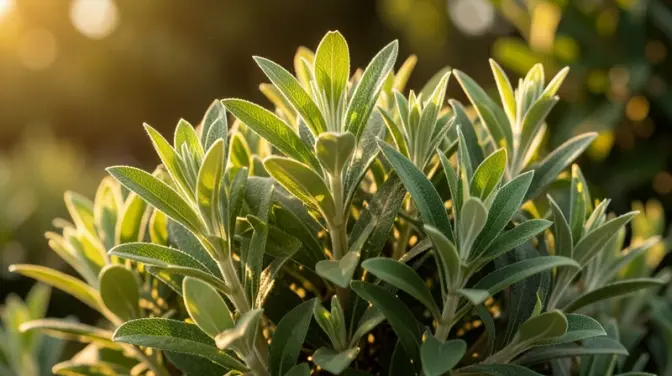 A blooming sage plant glows in golden sunlight against a blurred background