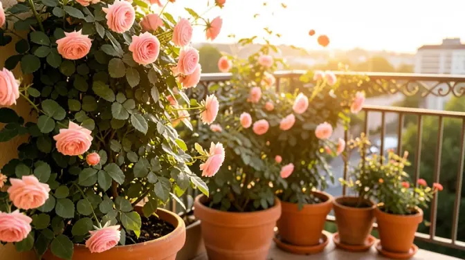 Golden light warms lush roses spilling from terracotta pots