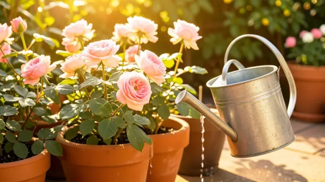 Lush roses in terracotta glow under the golden hour sun