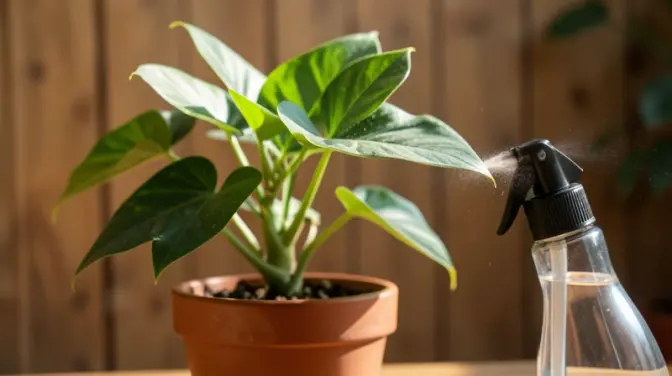 Green Ficus plant on wood bathed in soft sunlight