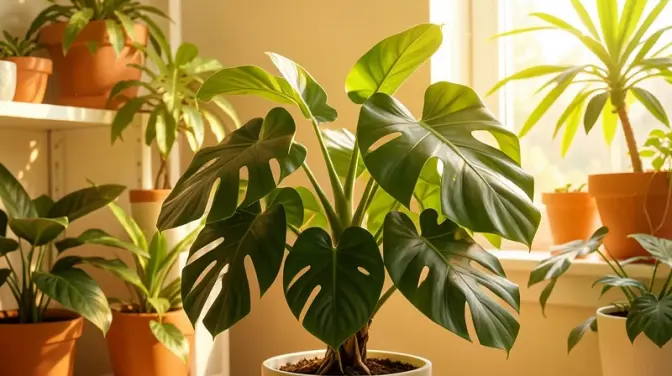 A verdant Ficus Audrey dominates a sunlit, lush indoor botanical space