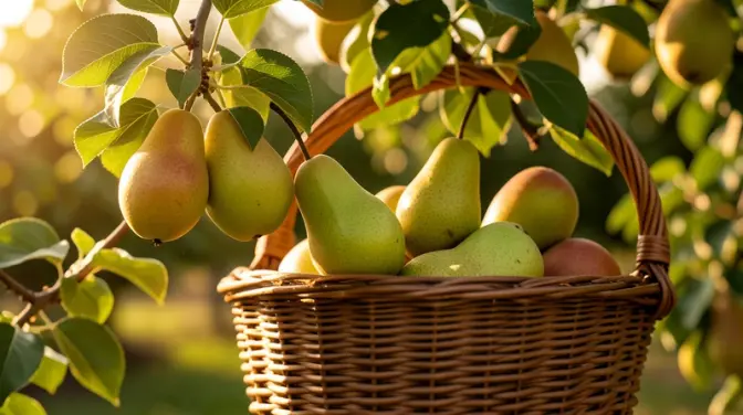 Ripe pears fill a wicker basket under warm, golden sunlight
