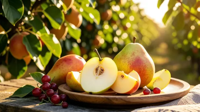 Sunny pear slices surrounded by lush green orchard leaves