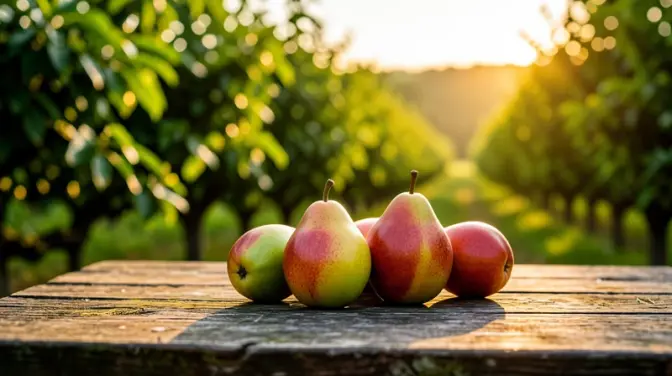 Ripe pears rest on a rustic table in a warm orchard glow
