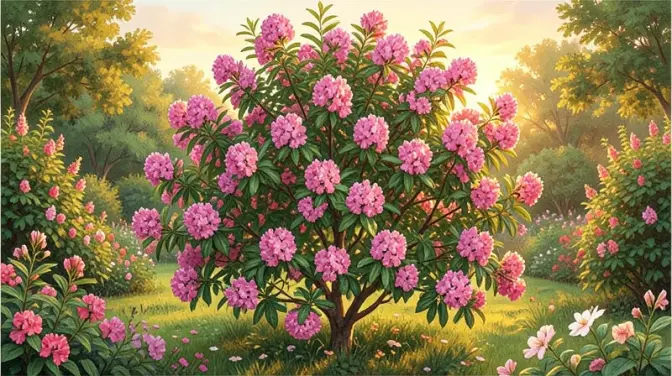 Blooming Crape Myrtle glows in a lush garden at golden hour