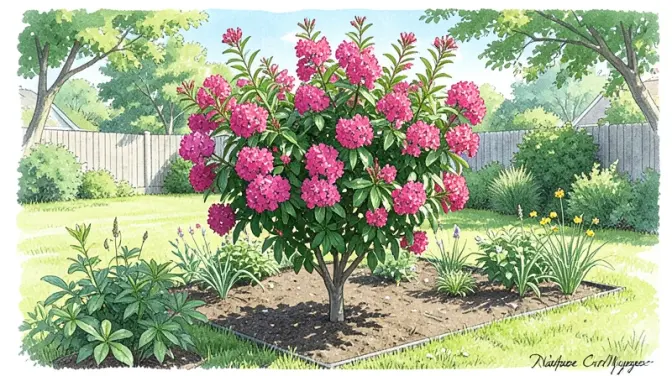 Vibrant Crape Myrtle blooms thrive in a sunlit, detailed garden bed