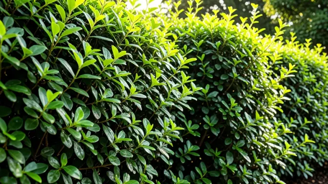 Vibrant, dense Photinia hedges thrive in dappled sunlight