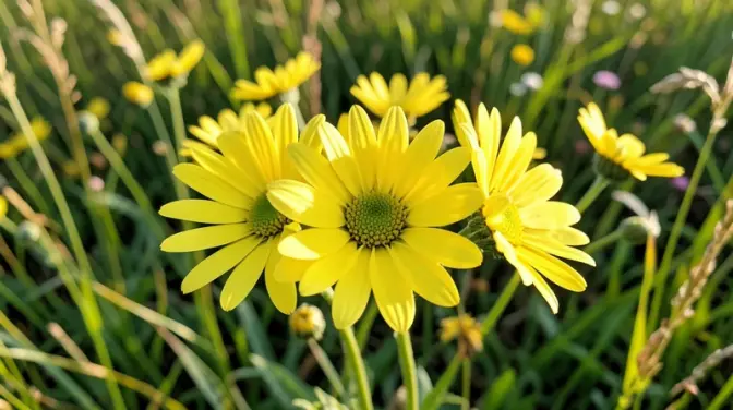 Yellow daisies flourish in a lush meadow bathed in soft morning light